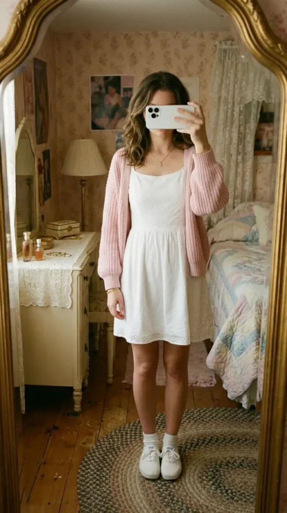 White eyelet sundress with pink cardigan and white Keds giving soft girl energy to Stranger Things 80s Eleven outfits.
