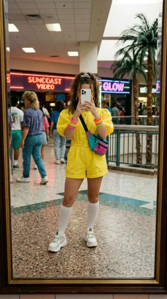 Shot inside a retro 80s mall, yellow romper with fanny pack and knee socks is pure Stranger Things Eleven outfit goals.
