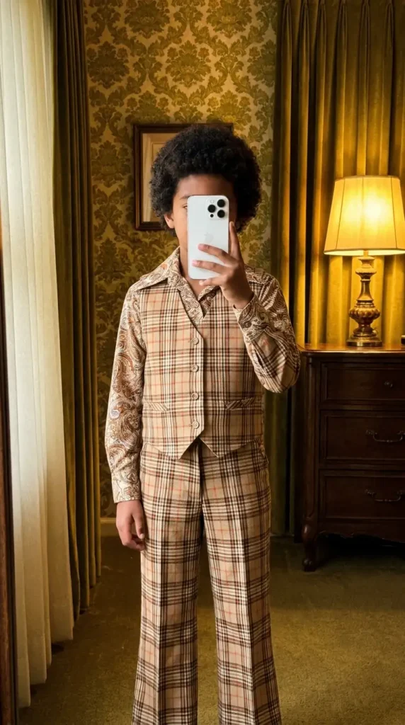 70s Outfit Ideas for Boys: three-piece plaid suit with paisley shirt underneath, giving a classic formal vintage seventies look.