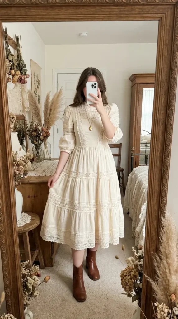Dreamy 70s Boho Outfit Ideas: cream tiered prairie dress with lace trim, gold locket necklace, and brown boots.

