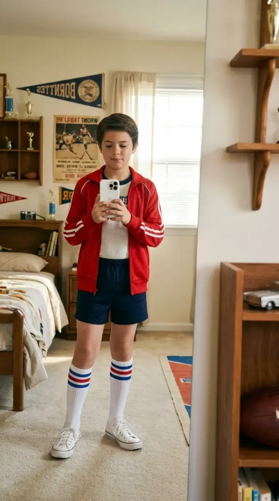 70s Outfit Ideas for Boys: red track jacket with white stripes, navy shorts, striped tube socks, and white Converse sneakers.