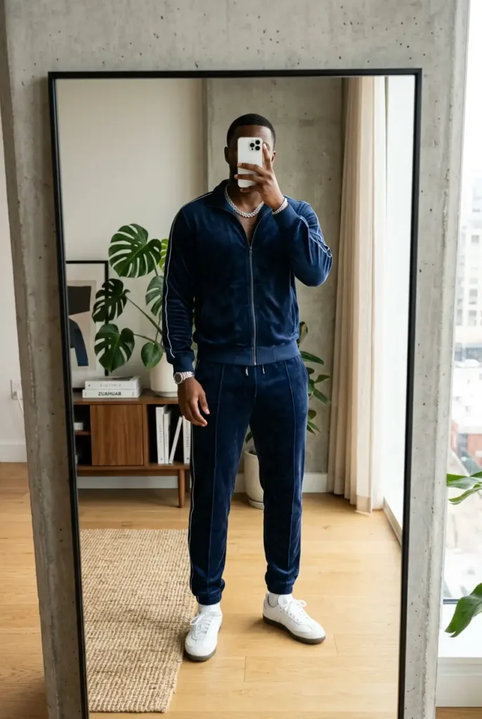 A bold matching tracksuit capturing the ultimate 90s style outfit idea for men with athleisure streetwear energy.