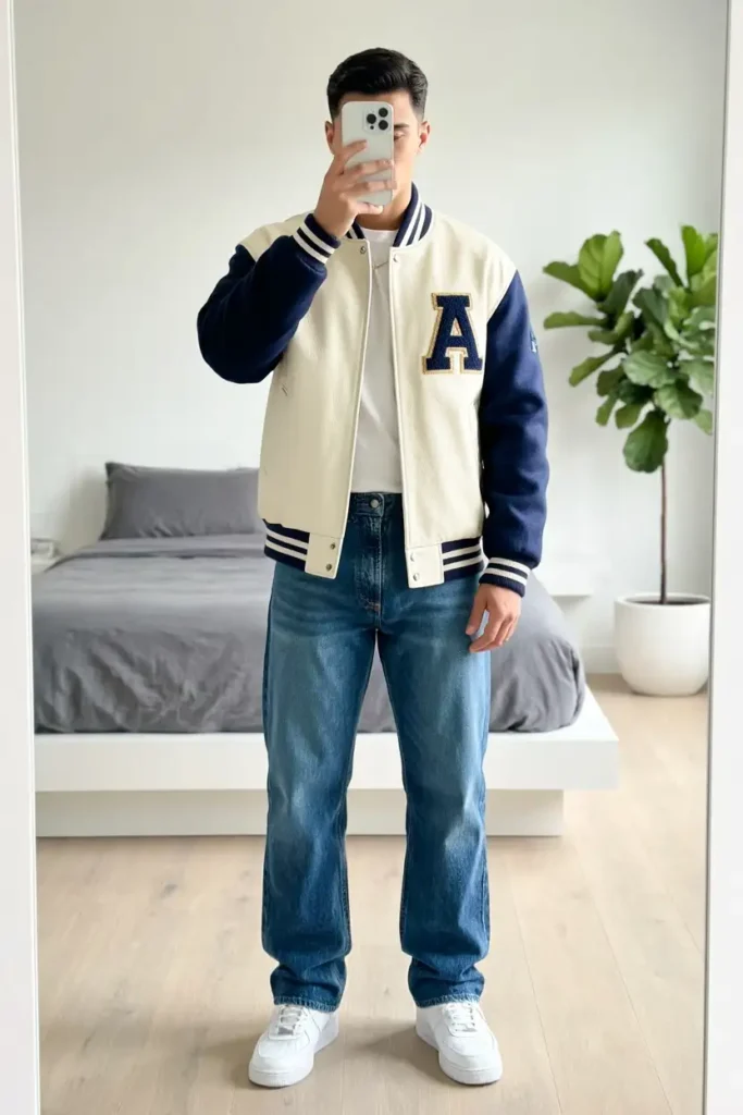 Varsity jacket, white tee, and loose jeans — a quintessential 90s style outfit idea for men with sporty campus flair
