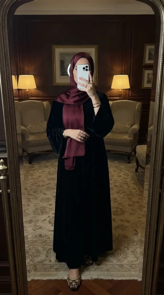 
Black embroidered abaya with sandals — elegant black outfit ideas for women with hijab in a cozy room