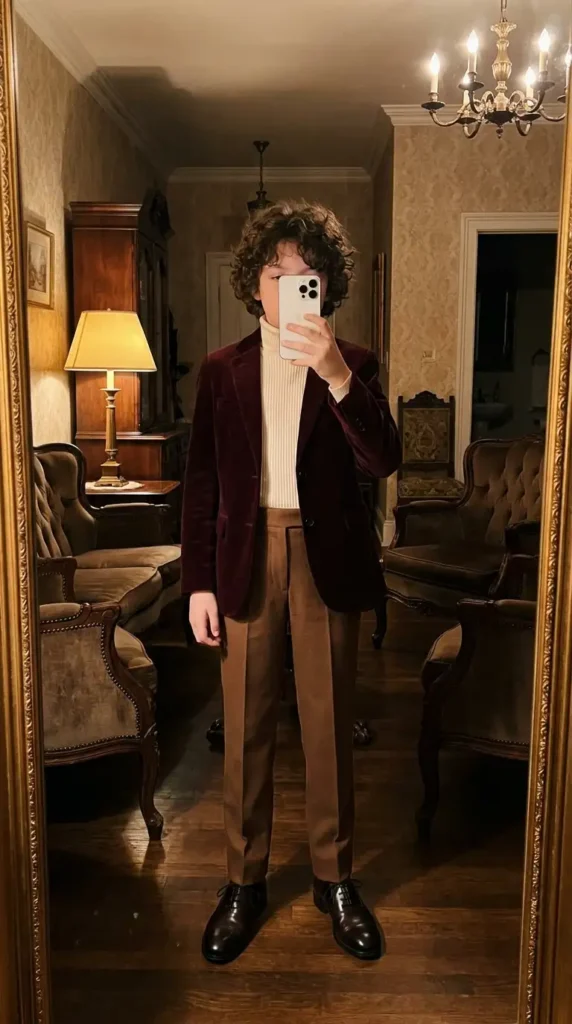 70s Outfit Ideas for Boys: rich burgundy velvet blazer over a cream turtleneck with brown trousers and black Oxford shoes.