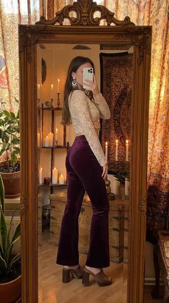 Dreamy 70s Boho Outfit Ideas: deep plum velvet flares paired with a cream lace crop top and platform block heels.
