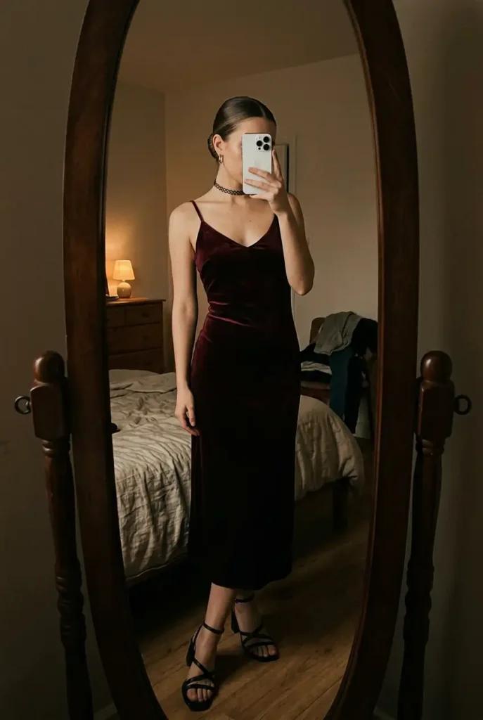Velvet Slip and Choker in deep burgundy with strappy heels — glamorous 90s Outfit Ideas for Women.
