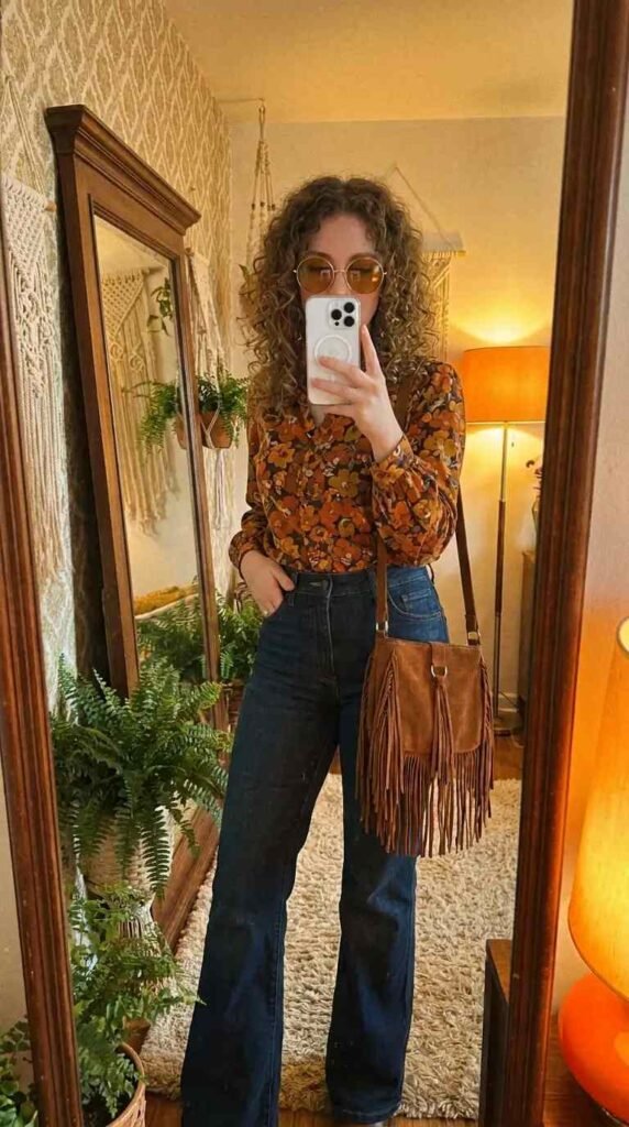 Casual Outdoor Pre-Wedding Outfit Ideas: retro floral blouse, flare jeans, fringe crossbody, and tinted shades