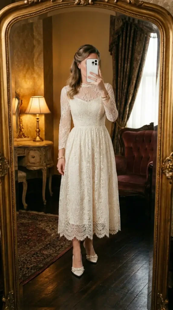 Vintage ivory lace tea-length dress with sheer sleeves — a timeless ethereal wedding outfit idea
