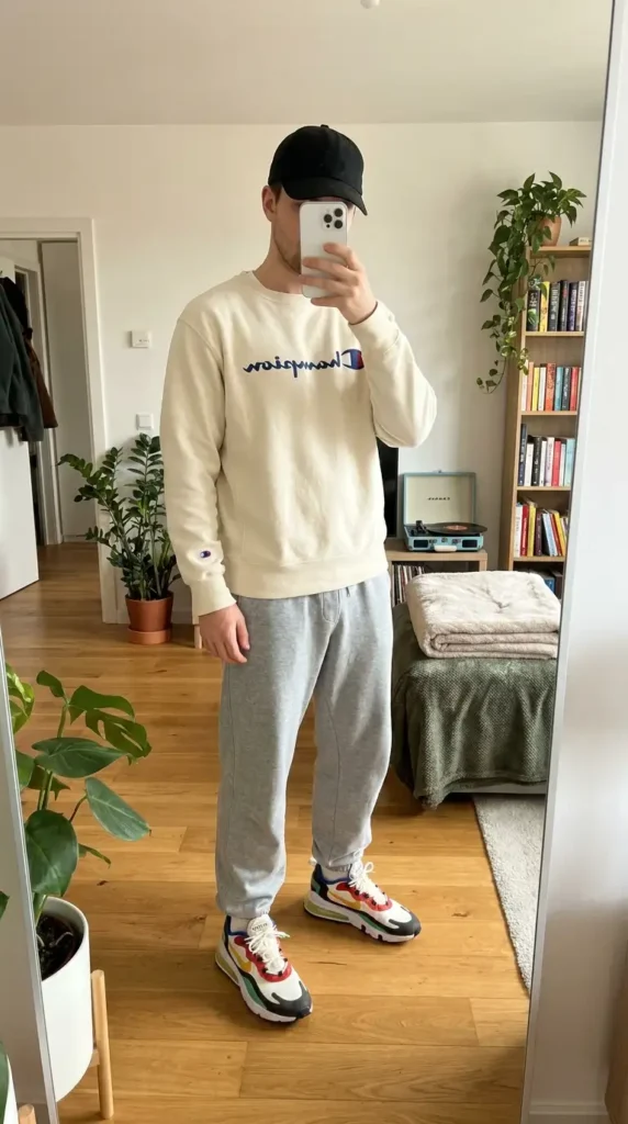 Gray hoodie layered over denim overalls with Vans — a casual vintage 90s style outfit idea for men with skater roots