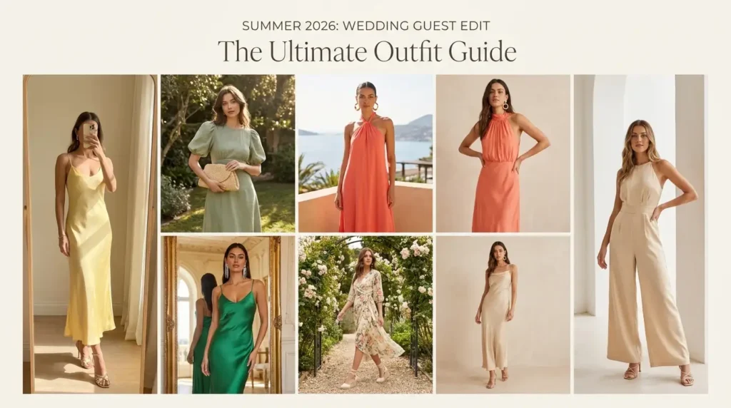 Summer 2026 wedding guest outfit ideas guide featuring slip dresses, halter gowns, and jumpsuits.
