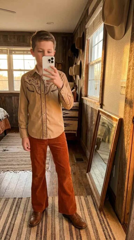 70s Outfit Ideas for Boys: embroidered western shirt with rust-orange flared corduroy pants and brown cowboy boots indoors.