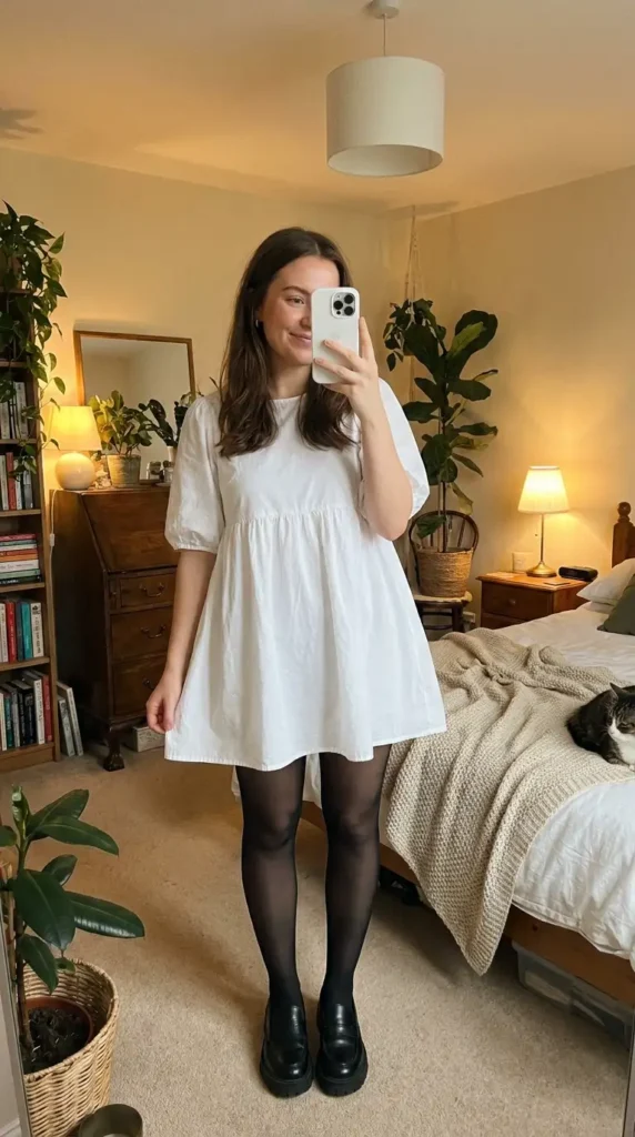 Black and White Outfit Ideas for Birthday Parties: white babydoll dress with puff sleeves over black tights and loafers.