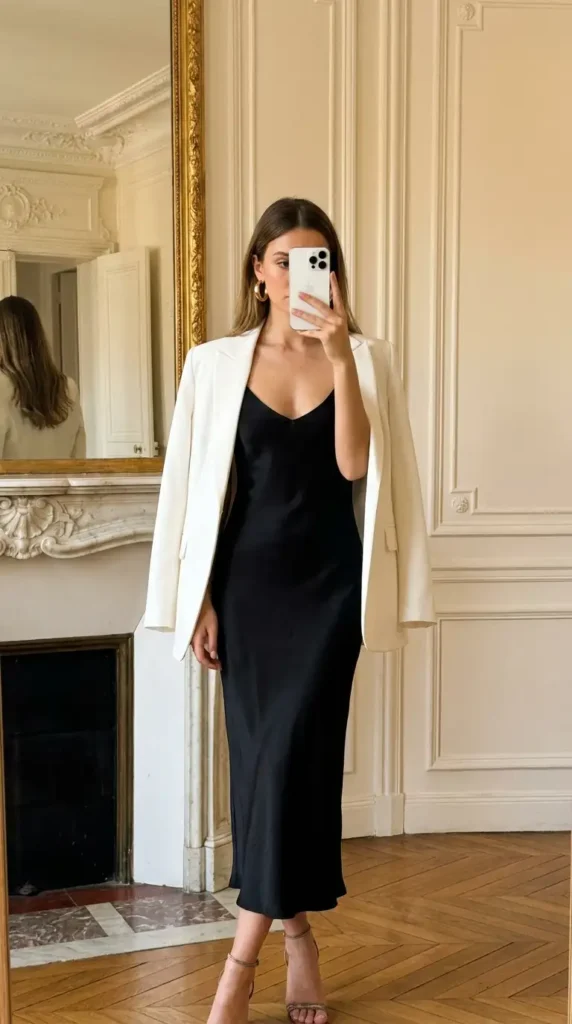 Black and White Outfit Ideas for Birthday Parties: black satin slip dress under an oversized white blazer, Paris setting.
