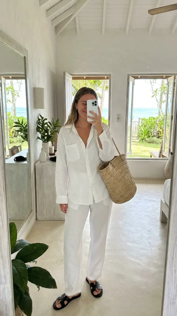 Black and White Outfit Ideas for Birthday Parties: breezy white linen co-ord set styled with black flat sandals