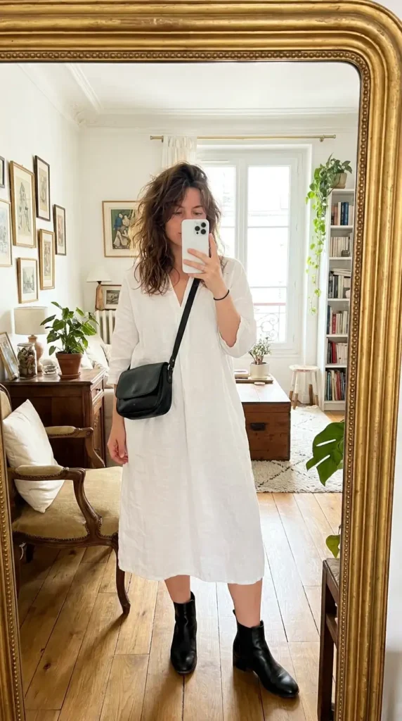 Black and White Outfit Ideas for Birthday Parties: relaxed white midi dress accessorized with a black bag and ankle boots