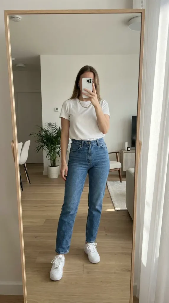 Casual Outdoor Pre-Wedding Outfit Ideas: classic white tee tucked into high-waisted blue jeans with white sneakers