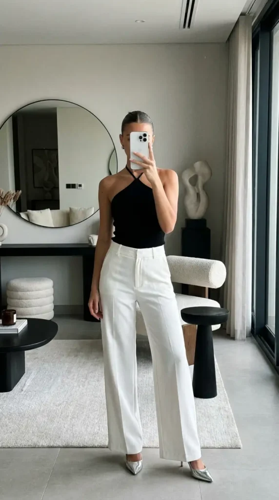 Black and White Outfit Ideas for Birthday Parties: black halter top with tailored white wide-leg trousers and silver heels.