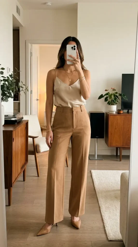 Camel wide-leg trousers with silk cami – an elegant Family Birthday Outfit Idea for Women