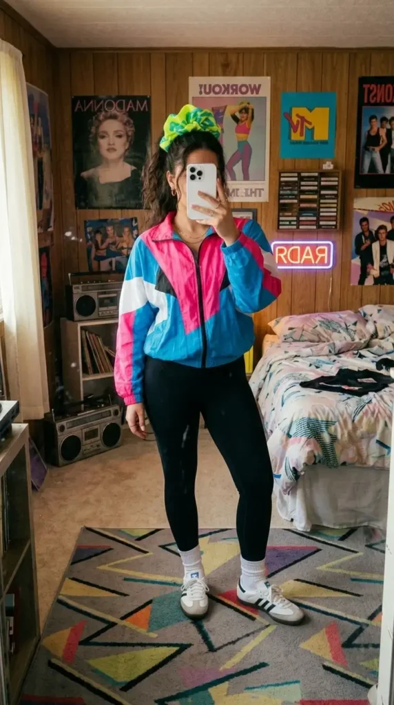 Neon windbreaker, leggings, Adidas sneakers, and a scrunchie — every piece screams Stranger Things outfit ideas 80s Eleven.
