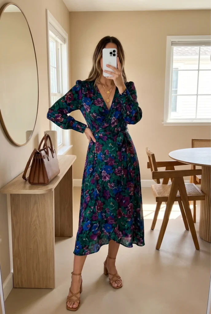 Dark floral wrap dress with strappy heels – a stunning Family Birthday Outfit Idea for Women