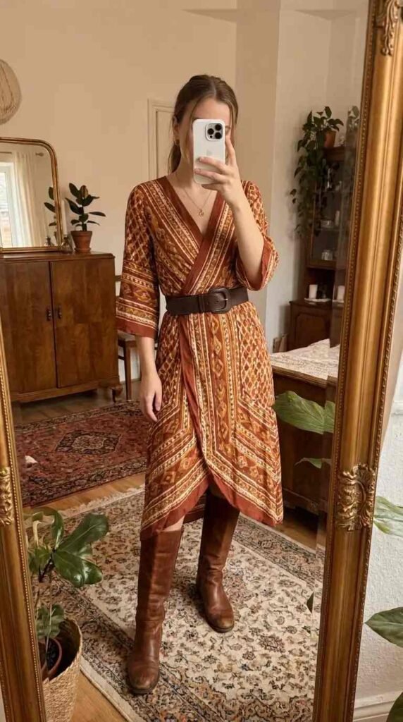 Dreamy 70s Boho Outfit Ideas: earthy rust wrap dress with geometric print, wide leather belt, and tall brown boots