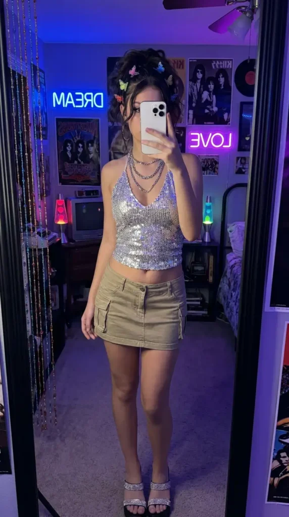 Summer Birthday Outfit Ideas for Teens: silver sequin halter top, khaki cargo mini skirt & rhinestone heels