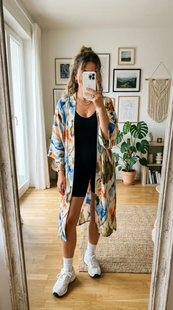 Artsy summer outfit ideas: abstract print kimono over black bike shorts with chunky white sneakers

