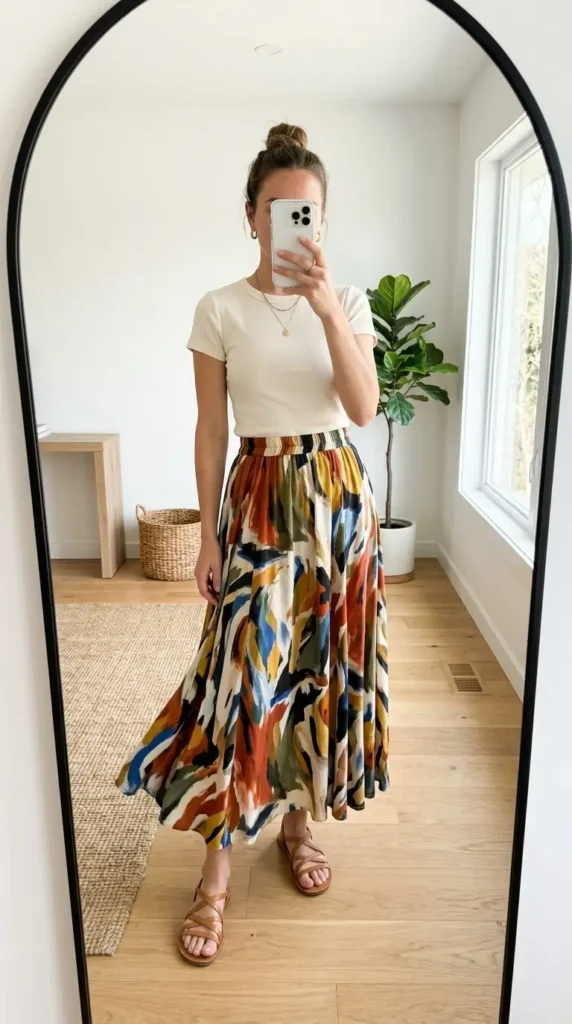 Artistic style outfits for women: abstract print maxi skirt with cream fitted tee and tan sandals.
