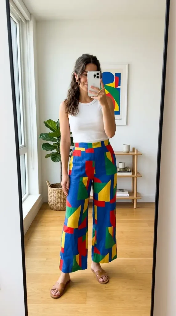 Abstract print wide-leg pants with white tank top — a bold Summer Artsy School Outfits idea with sandals.