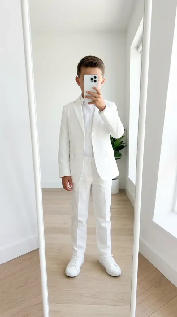 All-white boys suit outfit idea for wedding summer — slim blazer, white trousers, and clean white sneakers in a mirror selfie.