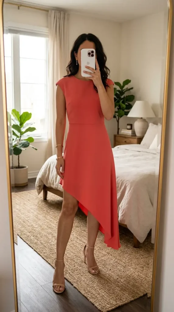 Coral asymmetric hem dress — a bold summer wedding anniversary outfit idea paired with nude heels.
