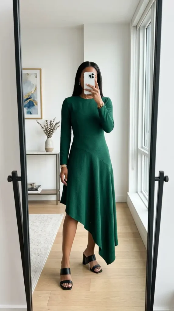 Artistic style outfits for women: emerald green asymmetrical hem dress with black block heel mules.
