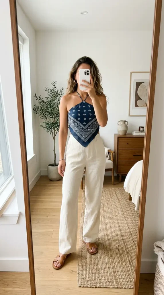 Navy bandana halter top with cream linen trousers — effortless Summer Artsy School Outfits with sandals.