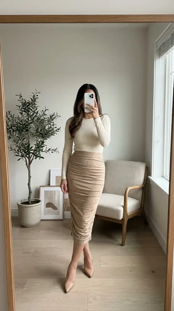 Beige midi rush skirt outfit idea with cream long-sleeve top and nude heels for a monochrome look