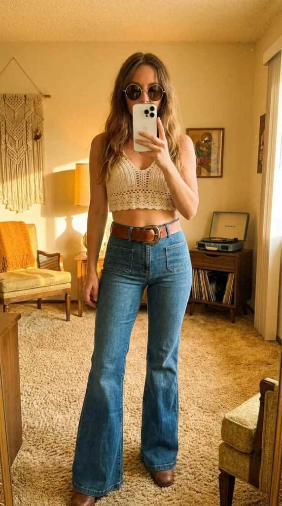 Mirror selfie showing hippie outfit ideas for women: crochet crop top, bell-bottom jeans, boho belt & boots.
