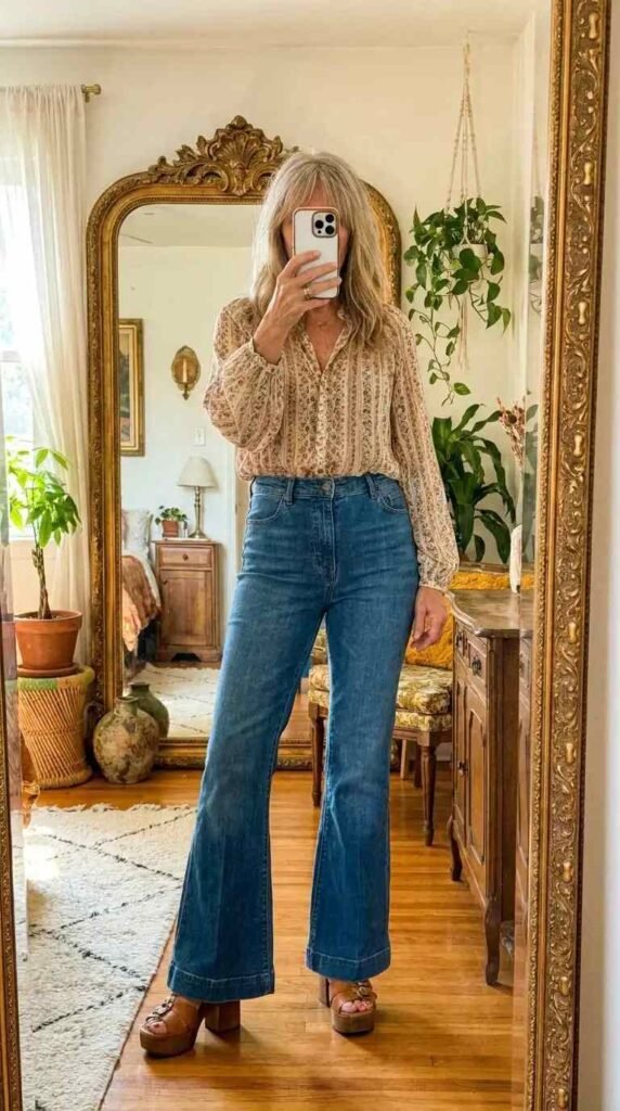Boho grandma style mirror selfie in floral blouse and high-waist bell-bottom jeans with platform heels.
