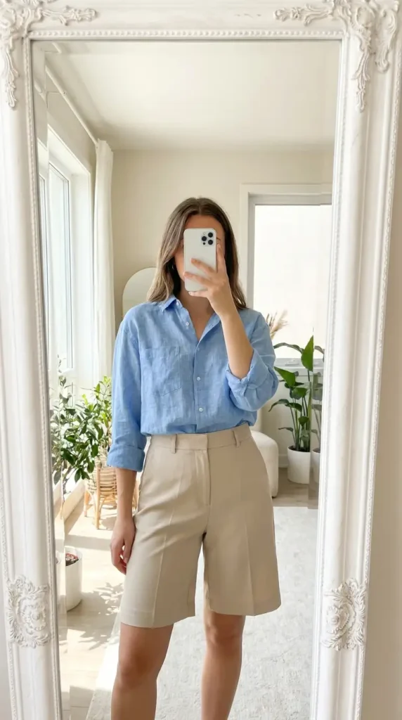 Blue linen button-up shirt with beige Bermuda shorts — relaxed summer family reunion outfit ideas for women