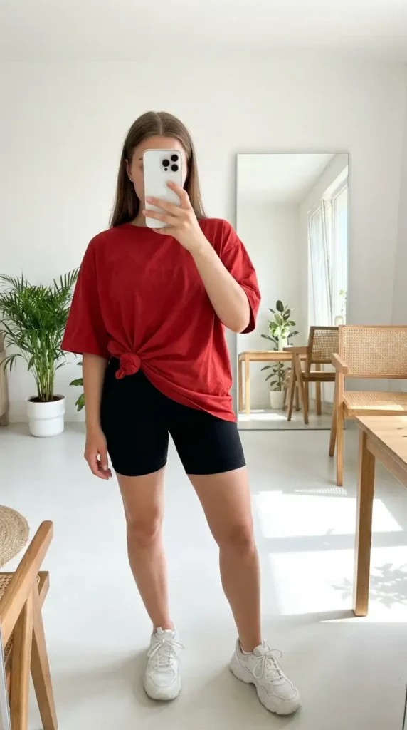 Woman in red & black summer outfits wearing knotted oversized red tee with black bike shorts and white sneakers
