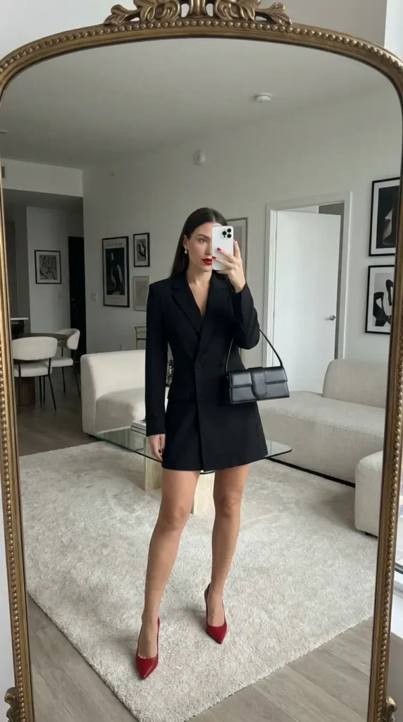 Black blazer mini dress with red pumps and bag, a chic red and black outfit idea for party nights.
