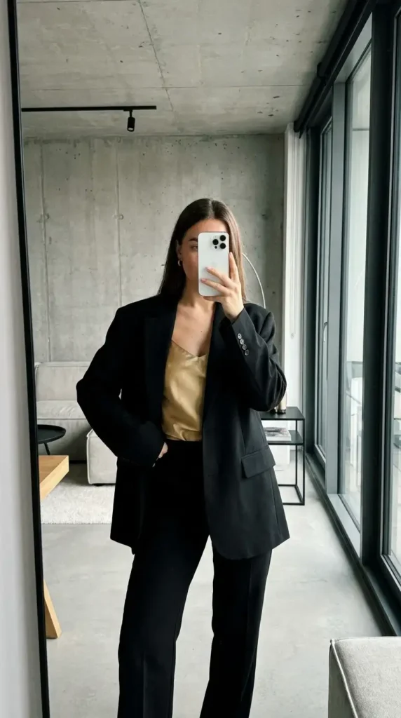 Casual black and gold party outfit ideas featuring an oversized black blazer layered over a gold satin camisole.
