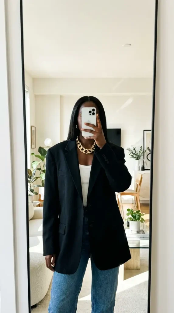 Confident black woman in a black blazer with bold gold statement necklace, modeling black and gold outfit ideas for black women