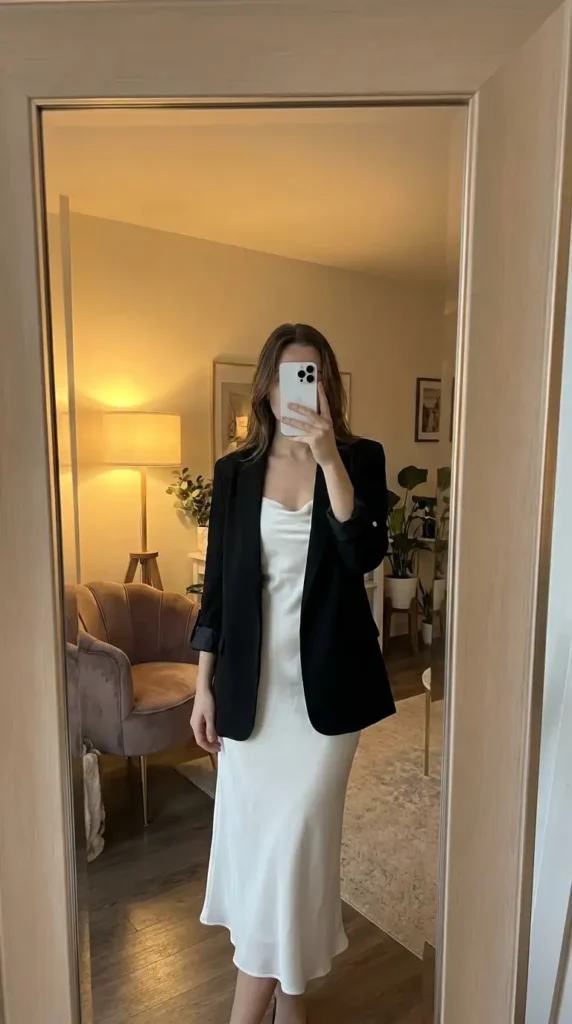 Black blazer over a white satin slip dress — a sleek black and white formal outfit idea for evening events.
