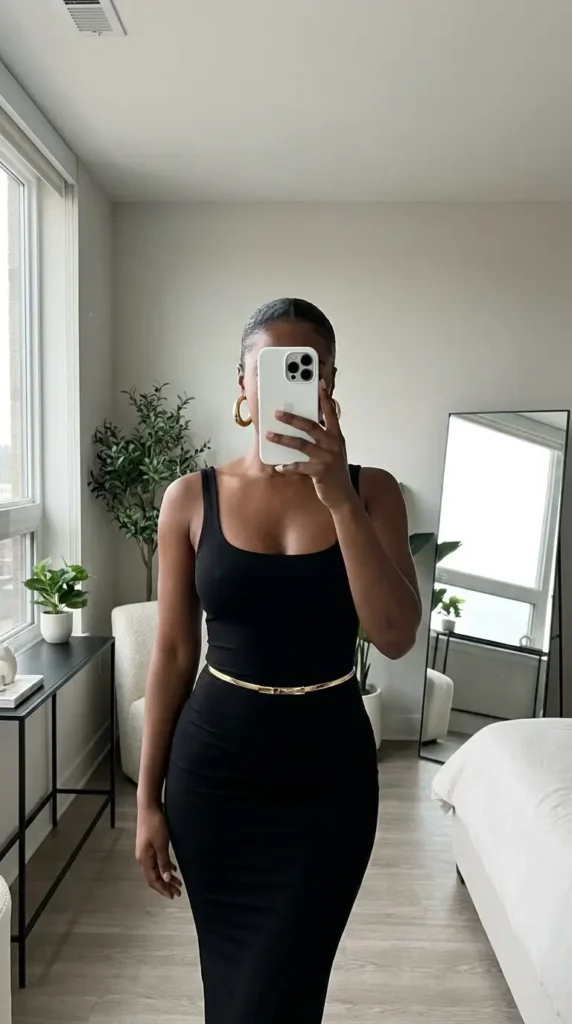 Stylish black woman wearing a sleek black bodycon dress with gold belt, perfect black and gold outfit ideas for black women.