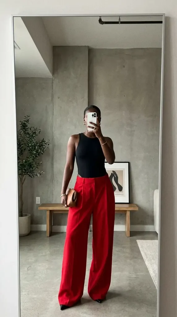 Black bodysuit with red wide-leg pants mirror selfie – summer red and black outfit ideas black women
