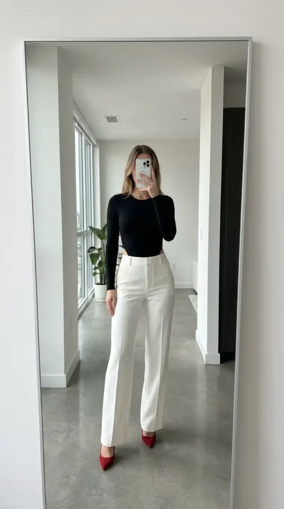 Black long-sleeve bodysuit with white wide-leg trousers and red heels – red black and white outfit ideas for summer
