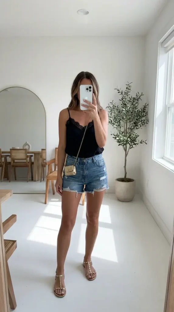 A casual black and gold summer outfit idea pairing a lace cami with denim shorts and gold sandals.

