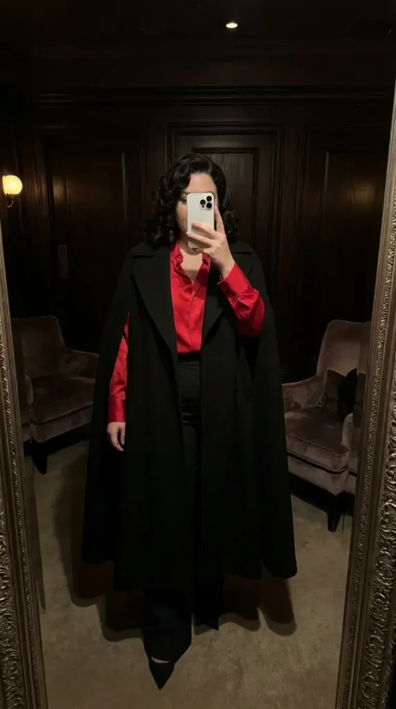 Red and black outfit ideas for plus size: floor-length black cape coat over a red satin shirt with black trousers.
