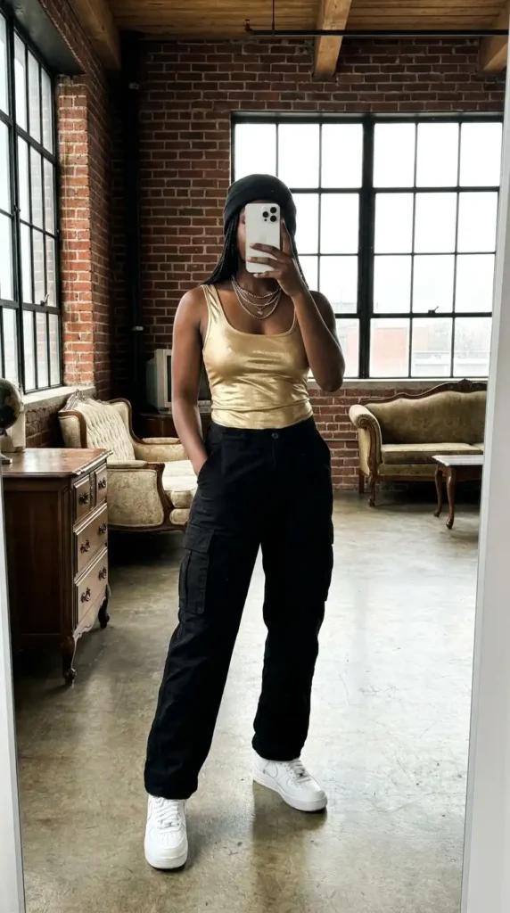 Casual chic look with black cargo pants and shiny gold tank top, demonstrating black and gold outfit ideas for black women.
