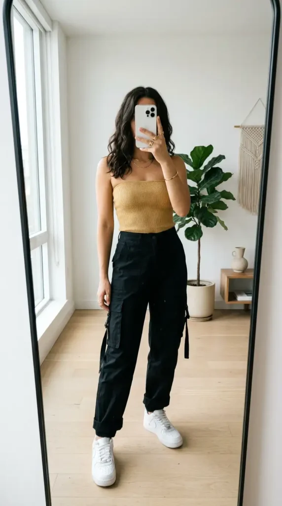 A trendy black and gold summer outfit idea with black cargo pants, a gold tube top, and white sneakers.
